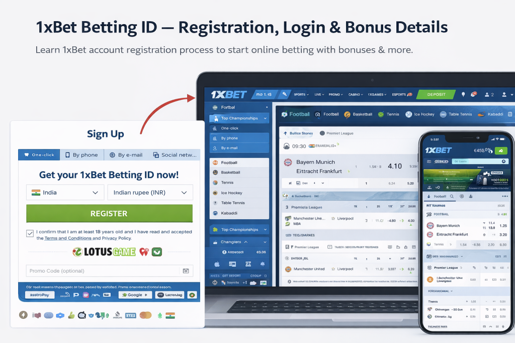 1xBet betting ID registration page with betting area dashboard, live sports odds, login form and bonus details display