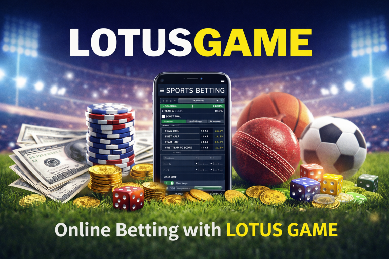Lotus Game online betting platform banner with sports betting dashboard, casino chips, cricket ball, football and LotusGame247 logo