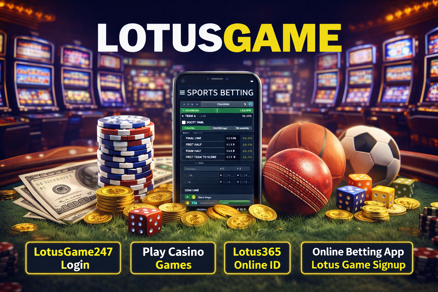 LotusGame247 casino betting background with live casino table, poker chips, roulette wheel, slot machines and sports betting keywords display