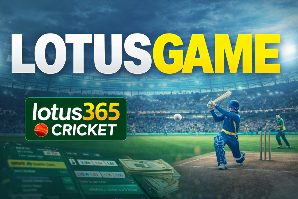 LotusGame and Lotus365 Cricket logo on cricket stadium background with live betting interface and batsman playing shot