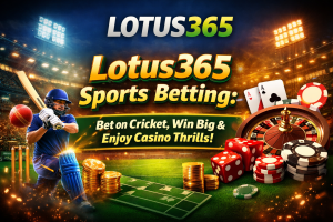 Lotus365 sports betting banner with cricket player casino games, roulette, poker chips and betting platform