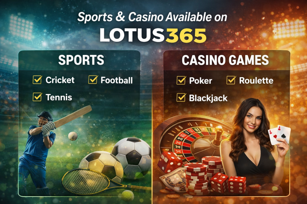 Sports and casino games available on Lotus365 including cricket, football, tennis, poker, roulette, and blackjack