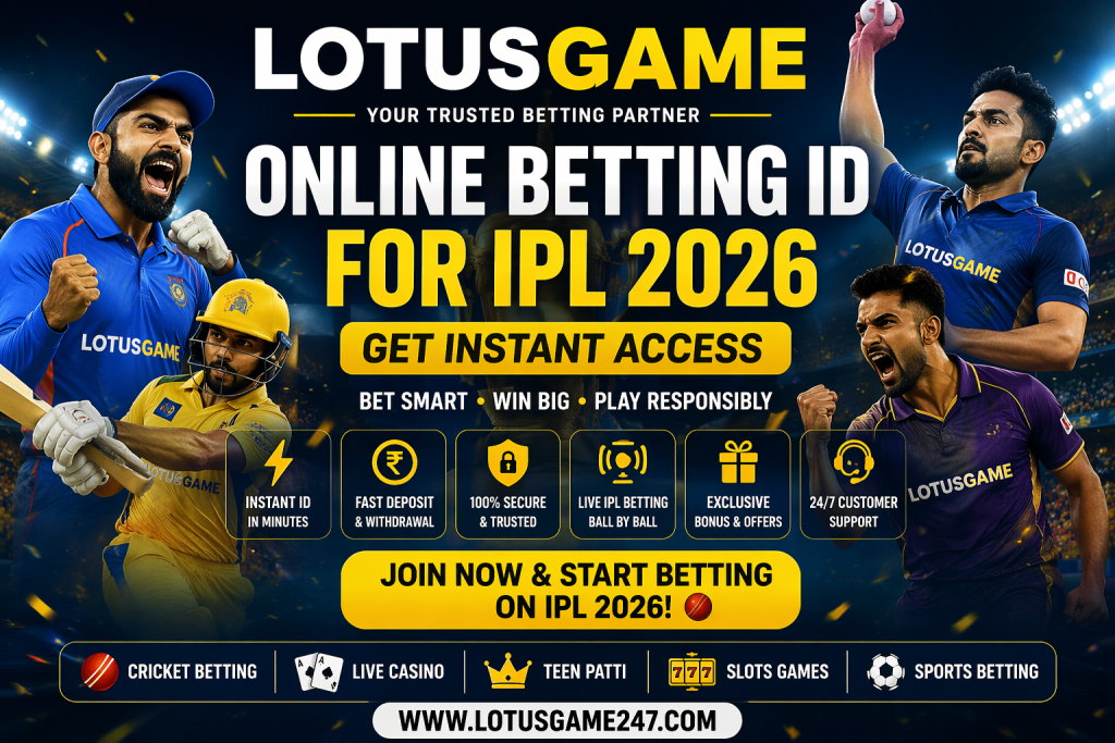 Online Betting ID for IPL 2026 banner with Indian cricket players and LotusGame247 logo offering instant access and live betting features