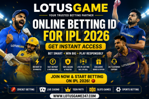 Online Betting ID for IPL 2026 banner with Indian cricket players and LotusGame247 logo offering instant access and live betting features